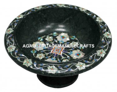 Black Marble Dry Fruit Bowl Mother of Pearl Marquetry Floral Kitichen Decr H1394