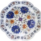 12" Marble White Round Plate Real Lapis Gems Marquetry Inlaid Home Table Decor