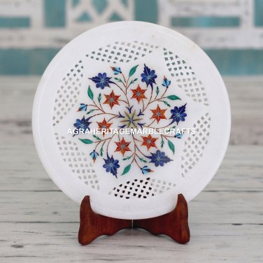12" Grill Marble Serving Round Dish Plate Lapis Hakik Precious Inlay Decor H4636