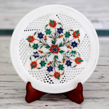 12" Lattice Marble Round Serving Plate Fine Marquetry Inlaid Gifts Decor H4616