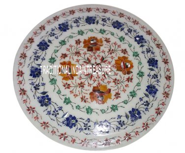14" Marble Serving Round Plate Multi Stone Pietradure Inlay Kitchen Decor Gift