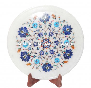 White Marble Round Plate Lapis Lazuli Marquetry Arts Floral KitchenDecor H1281