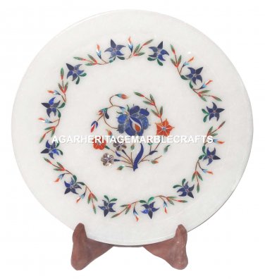 White Marble Round Plate Semi Precious Inlay Marquetry Floral Work Decor H1280