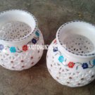 Set of 2 White Marble Pot Marquetry Art Inlay Lattice Work Home Best Gifts Decor