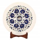 12'' White Marble Serving Round Plate Lapis Floral Inlaid Marquetry Decor H3580
