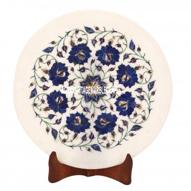 12'' White Marble Serving Round Plate Lapis Floral Inlaid Marquetry Decor H3580