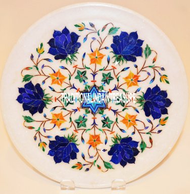 12" Marble Design Plate Lapis Floral Mosaic Collectible Arts Inlay Decor Gifts