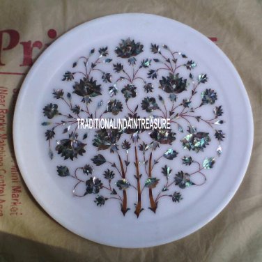 12" White Marble Serving Plate Kishti Inlay Pauashell Mosaic Inlay Table Decor