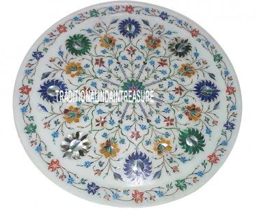 12" Marble White Round Dish Plate Mosaic Work Inlay Art Home Kitchen Decor Gifts