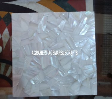 White Marble Center Square Top Table Seashells Stone Inlay Random Work Art H3317