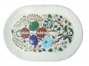 12"x9" White Marble Plate Pietra Dura Mosaic Handmade Rose Flower Art Gift H1160