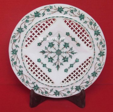12" White Marble Round Dish Plate Malachite Mosaic Inlay Lattice Work Decor GIft
