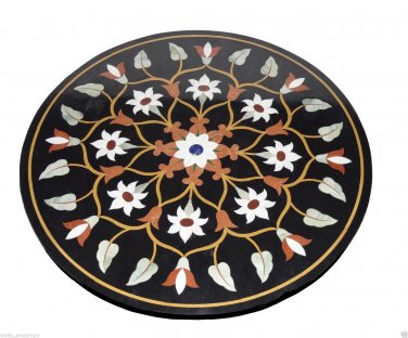 29" Black Marble Side Coffee Table Top Handmade Decorative Marquetry Inlay Art