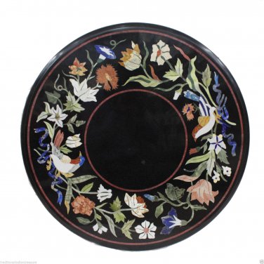 24" Black Table Top Coffee Birds Mosaic Handmade Marquetry Home Decorative Arts