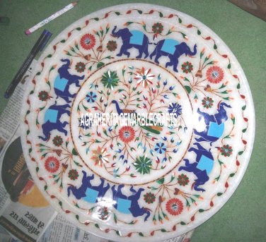 12'' White Marble Serving Plate Elephant Art Inlay Marquetry Kitchen Decor H3236