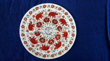 Collectible Elephant White Round Marble Serving Plate Carnelian Inlay Arts H4084