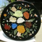Black Marble Round Dining Table Floral Marquetry Art Inlay Furniture Decor H5337