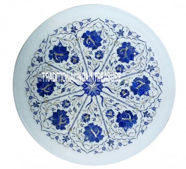 12" Marble White Round Dish Plate Marquetry Lapis Inlay Gemstone Art Decor Gifts
