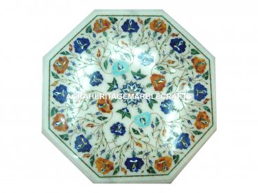 12" Marble White Coffee Table Inlay Lapis Hakik Floral Mosaic Inlaid Decor H3069