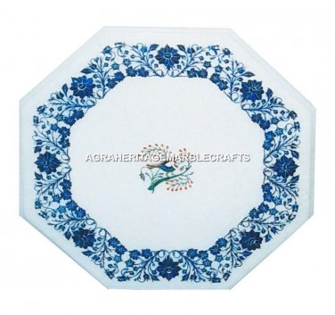 14'' White Marble Floral Coffee Table Top Real Lapis Inlay Marquetry Decor H3091