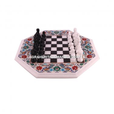 15"  Marble Chess Coffee Side Table Top Marquetry Inlay Peacock Floral Arts M077