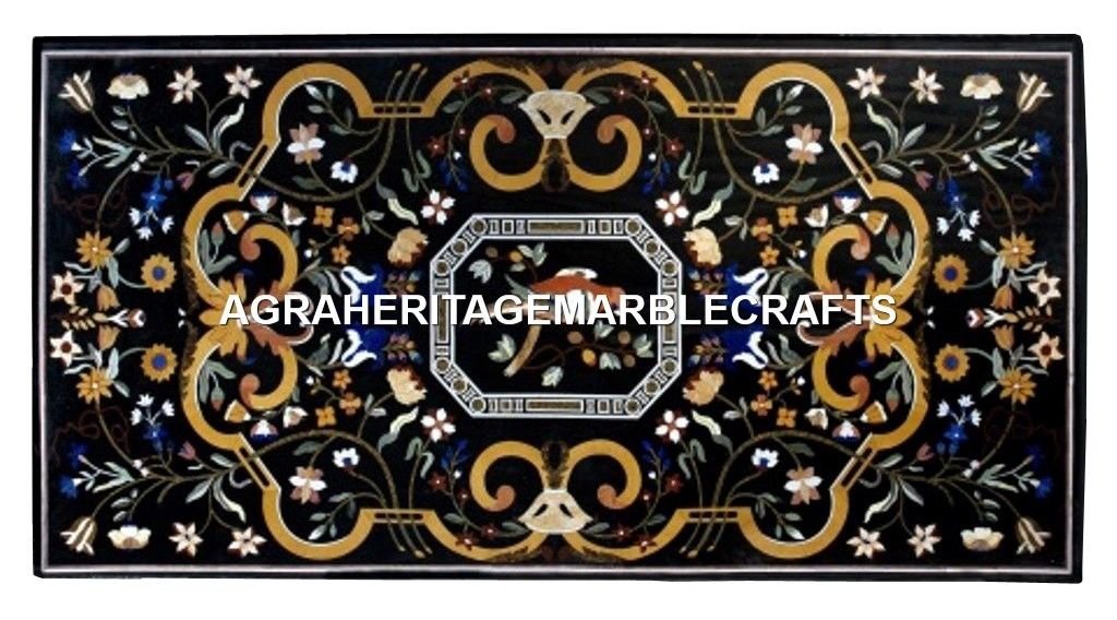 Black Marble Outdoor Dining Table Pietradura Inlaid Gems Furniture