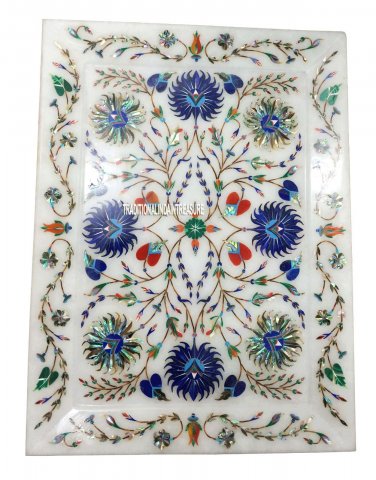 9"x12" Marble White Tray Plate Real Lapis Mosaic Gemstone Inlay Floral Art Decor