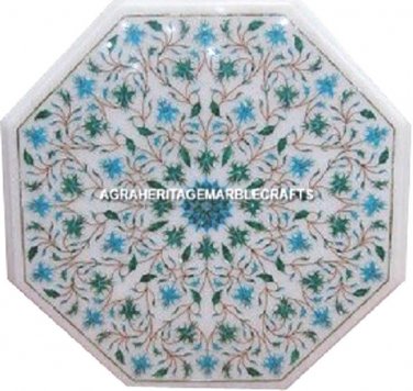 12'' Marble Coffee Table Top Turquoise Inlay Gems Marquetry Furniture Arts H3073