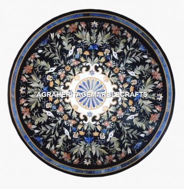 Black Marble Round Dining Room Table Rare Stone Inlay Pietradura Art Decor H2913