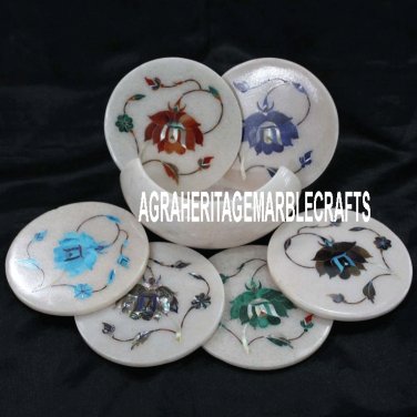 White Marble Tea Coaster Set Multi Floral Inlay Marquetry Work Kitchen Decor Art