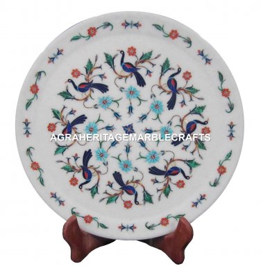 12" Marble Serving Dish Plate Mosaic Peacock Inlay Marquetry Table Decor H1437