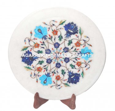 White Marble Plate Real Lapis Floral Mosaic Inlay Occasional Table Decor H1282