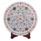 14" Marble Round Cake Plate Malachite Stone Marquetry Inlay Floral Kitchen Art