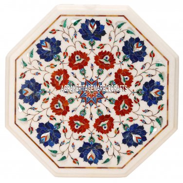 White Marble Top Center Table Lapis Hakik Stone Inlay Pietra Dura Art Decor H3549