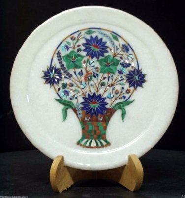 White Marble Round Serving Dish Plate Malachite Inlay Marquetry Kitchen Decor