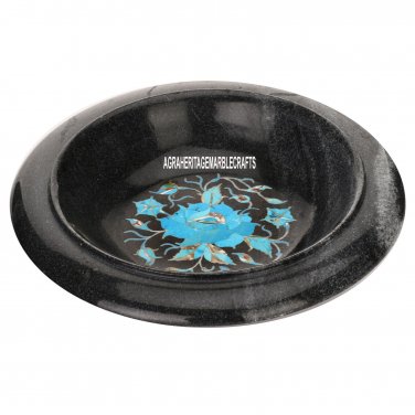 9"x9''x3'' Black Marble Fruit Bowl Turquoise Inlay Pietradura Tables Decor H3640