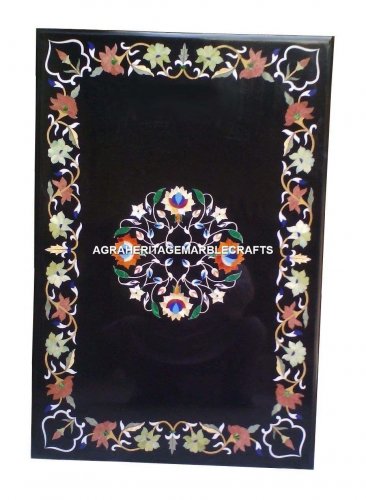 Black Marble Living Room Dining Table Top Marquetry Inlay Floral Art Decor H4448
