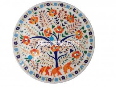 White Marble Round Plate Inlay Hakik Floral Elephant Arts Marquetry Decor H3505