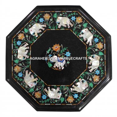 Black Marble Coffee Corner Table Top Rare Marquetry Elephant Garden Decor H2740