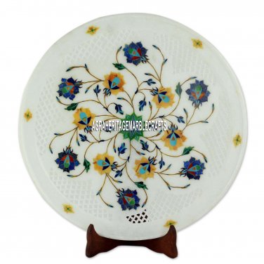 12" White Marble Lapis Lazuli Handmade Inlaid Stone Art Decorative Serving Plate