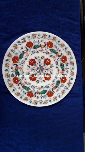 Attractive Marble Serving Plate Peacock Inlay Precious Stone Table Decor H4075
