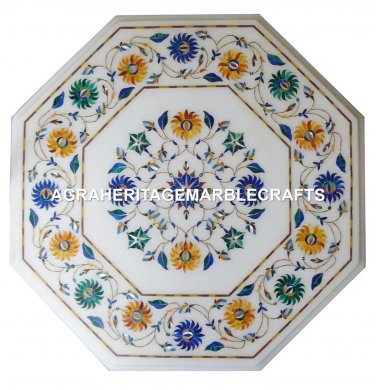 White Marble Center Table Top Lapis Hakik Inlay Marquetry Decorative Arts H2935