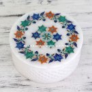 Marble Jewelry Round Box Lapis Multi Floral Design With Stunning Art Decor H4635