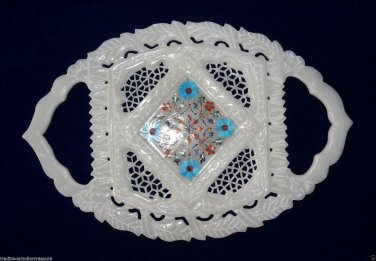 11"x7.5" White Marble Tray Decor Marble Plate Marquetry Filigree Home Decor Art