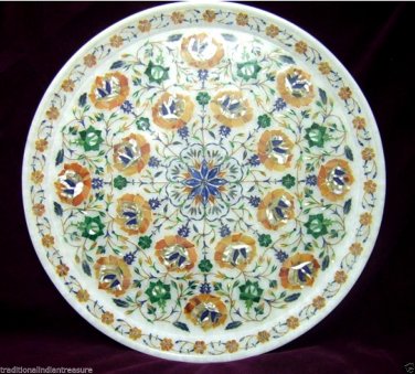 White Marble Serving Dish Plate Hakik Gemstone Marquetry Inlay Home Kitchen Art