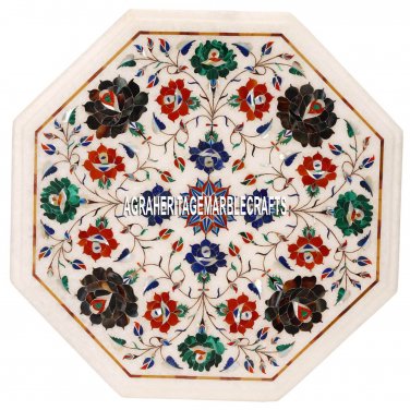 White Table Top Multi Floral Inlay Furniture Arts Marquetry Gemstone Decor H3538