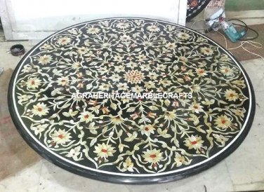 36" Black Marble Dining Table Floral Marquetry Inlaid Collectible Decor H3130