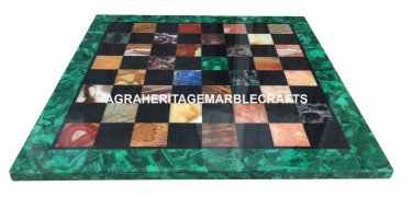 Marble White Chess Table Top Rare Malachite Pietradura Inlay Work Decorate H2745