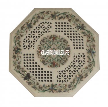 White Marble Top Coffee Table Semi Precious Stone Grill Inlay Home Decor H3921