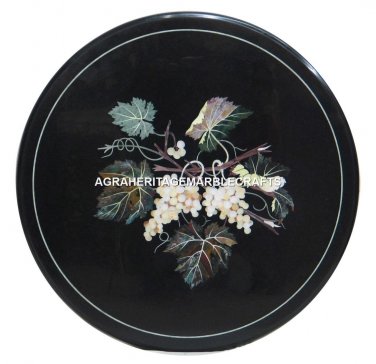 Black Marble Center Top Table Grapes Stone Inlay Marquetry Furniture Decor H3367